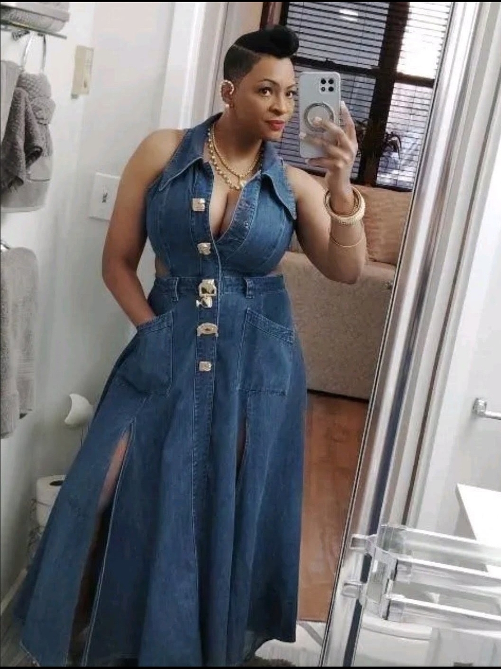 Sleeveless Dark Blue Denim Wide-Leg Maxi Dress with Front Slits (CUSTOM)🧵US 14